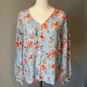 Tu Springtime Softness Floral 🌸 Long Sleeve Viscose V - Neck Blouse 8-M size